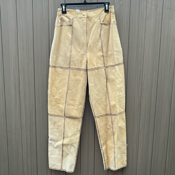 S.M.H. Vintage Tan Suede Crochet Patchwork Pants Boho Festival Coachella sz 10 - Picture 1 of 12